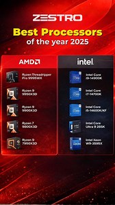 Best Processors of the Year 2025 | AMD vs Intel Performance Guide Looking for the best processors of 2025? ⚡ Here’s a complete performance lineup featuring top AMD Ryzen and Intel Core & Xeon CPUs — built for gaming, content creation, and professional workloads. From Ryzen X3D gaming beasts to Intel Core Ultra & Xeon powerhouses, this comparison highlights the CPUs defining next-gen performance. Follow ZESTRO for the latest PC hardware insights, comparisons, and high-performance builds. 🔥 #Best