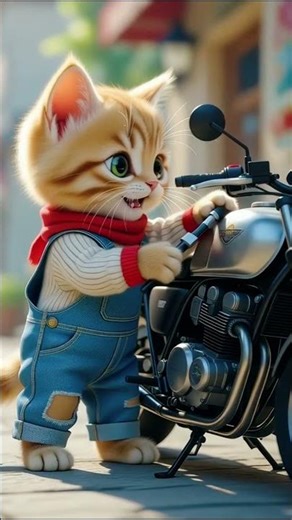 Little kitten 😸 fixing his motorcycle 🏍