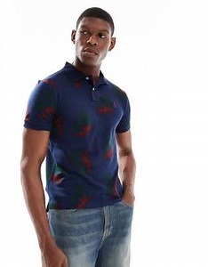 Polo Ralph Lauren - Polo en piqué imprimé sur l'ensemble - Bleu marine | ASOS