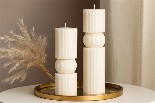 Hand-poured Vegan Soy Wax Candle Set: Roman Ribbed Pillar, Modern Minimalist Decor, Unscented - Etsy