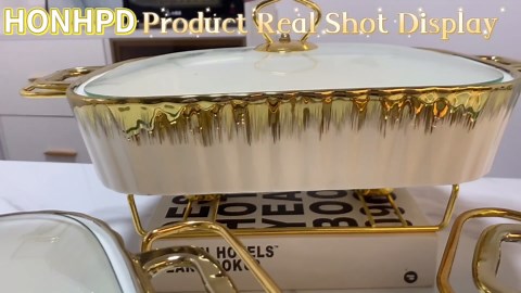 3 Piece Set Ceramic Casserole Dish with Glass Lid and Rack, 1.6/1.9/2.4 Quart Serving Soup Tureen,Chafing Dish for Buffet, Family Food preserve Tray, Catering Casserole for Party Style,Golden