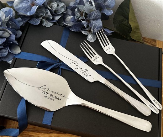Solid Silver Cutlery Set for Bride & Groom, Custom Engraved Server Knife Forks for Cutting Ceremony, Personalized Wedding Cake Table Decor - Etsy