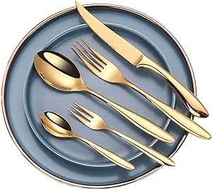 Thomaso 40 Piece Thickened Gold Plated Cutlery Flatware Sets,1810 Stainless Steel Flatware service for 8,Gold Fork and Spoons Silverware Set,Dishwasher Safe
