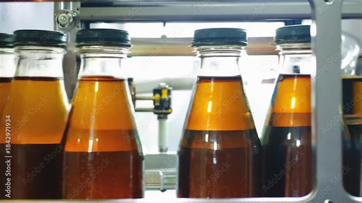 Bottles of amber liquid are moving along a production line, showcasing the bottling process with a smooth camera pan and zoom in