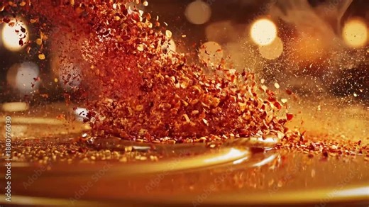 A 4k video captures sparkling red particles exploding in a dark room with lights.