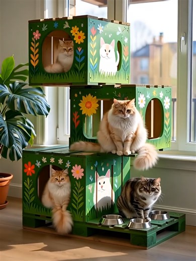 Floral-Themed Multi-Story Cat House / Modular Cat Condo / Eco-Friendly Cardboard Cat Playhouse #diy #pallet #pallets #wooden #woodenpallet #diypallet #wood #woodart #woodwork #woodworking #woodworker #diygarden #garden #gardendesign #playhouse #pergola #gazebo #palletfurniture #cathouse #cattree Eco-Friendly Cardboard Cat Playhouse / Modular DIY Cat Castle / Floral Patterned Multi-Cat Tree / Custom Painted Cat Condo with Feeding Station #diy #pallet #pallets #diypallet #wooden #woodenpallet #woo