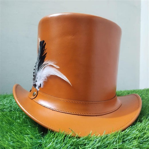 Handmade Orange Leather Top Hat Feather Accent, Burning Man Festival Top Headwear, Steampunk Look - Etsy UK