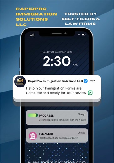 📱 Ghosted by your immigration services provider? Calls ignored? Messages on read? No updates? NOT with RapidPro Immigration Solutions LLC! 🚀 ✅ Instant form review alerts ✅ Real-time progress tracking & fee reminders ✅ Responsive communication every step Take control of your immigration case. Stuck on a form? Which one are you working on? Comment now! 👇 🌐 www.rpdimmigration.com | 📲 559-200-3902 Registered & Bonded Immigration Consultants. No legal advice provided. Refer to attorneys for lega