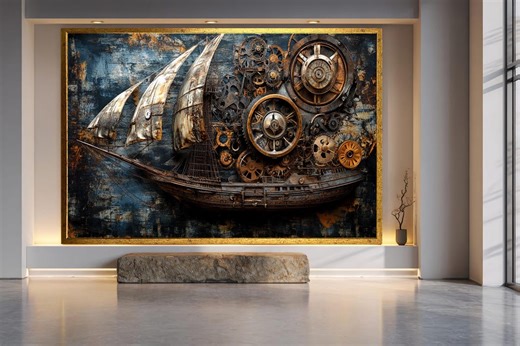 Steampunk Sailing Ship Canvas Wall Art With Gears and Clockwork Details, Vintage Mechanical Nautical Artwork Print on Canvas for Home Decor - Etsy