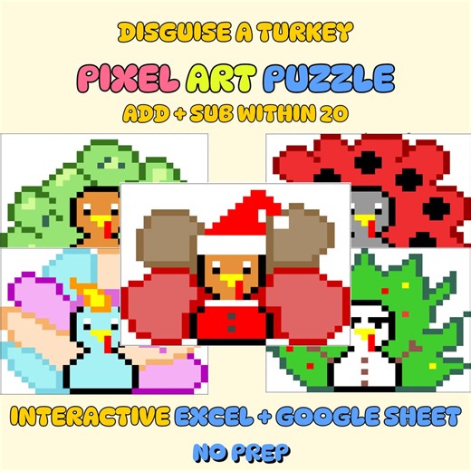 Disguise a Turkey Pixel Art Math Puzzle | Addition and Subtraction Within 20 | Interactive Google Sheet / Excel - Etsy Canada