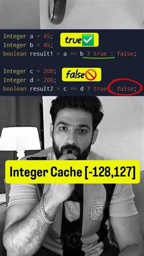 Anurag on Instagram: "✅️Why does Integer a = 45; b = 45; return true, but 🚫c = 200; d = 200; return false? 🤯 Summary: 1. Because Java caches Integers from -128 to 127. 2. Small values reuse the same object, large values create new objects. 👉 == checks memory reference, not value 👉 Always use .equals() for wrapper classes Did you know this Java trap before? 💡 Related Niche: "Java Memory Management, String Pool vs Heap, Java String Equality, Java Integer Cache, Java Interview Questions and An