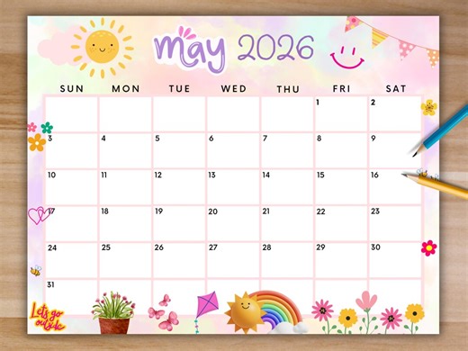 EDITABLE May 2026 Calendar, Printable Calendar, Colorful Spring Calendar W/ Flowers, Monthly Calendar, Cute Homeschool Calendar, Fillable - Etsy