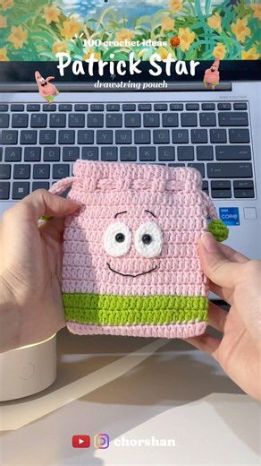 Patrick Star Drawstring pouch ✨ #crochet #crochetideas #drawstringbag #handmade #crocheting #cute