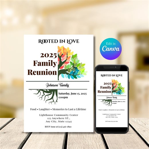 Family Reunion Invitation Editable Canva Template | 5x7   Mobile Invite | Rooted in Love Tree Roots Design | Custom Family Gathering - Etsy