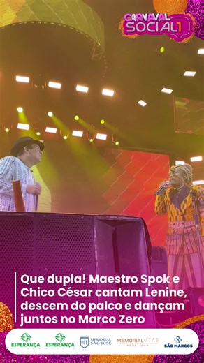 Social1 on Instagram: "Que energia linda! 🎉 Na noite desta sexta-feira (13), Maestro Spok e Chico César provaram que a música se vive com o corpo inteiro. Em uma performance eletrizante no Marco Zero, a dupla foi além do palco: cantaram um clássico de Lenine e, em um momento de pura entrega, desceram para dançar juntos. 📹: Catêrine Costa/ Social1. *ml *digital *OMelhorCarnaval *CarnavalSocial12026 *OMC26 *JC360 *CarnavalSocial1RedeDor @hospitalmemorialsaojose @rededor_oficial_star @hospitalesp