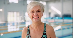 Pool, laughing and portrait of old woman, swimsuit and happy for learning in class of swimming and gym. Training, healthy and fitness for elderly person in retirement, joy and exercise with water