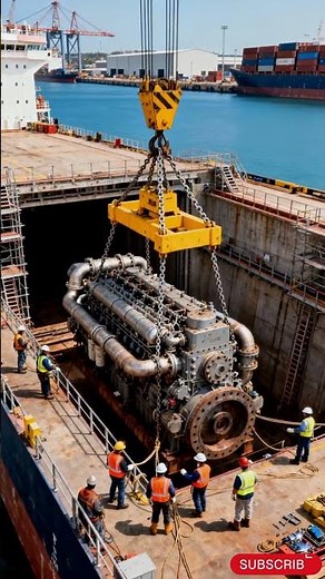 Massive Engine Installation in Cargo Ship Dry Dock | Extreme Heavy Lift Operation