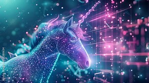 An ethereal unicorn interacts with a holographic display of quantum physics equations, set against a backdrop of shimmering stars, blending mythology with modern science.