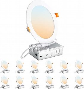 DLLT LED Recessed Ceiling Lights: 12 Pack 6 Inch 5CCT Ultra-Thin Lighting with Junction Box for Bedroom - 1200LM Brightness 12W Eqv 110W Dimmable Canless Wafer Downlight with ETL&FCC