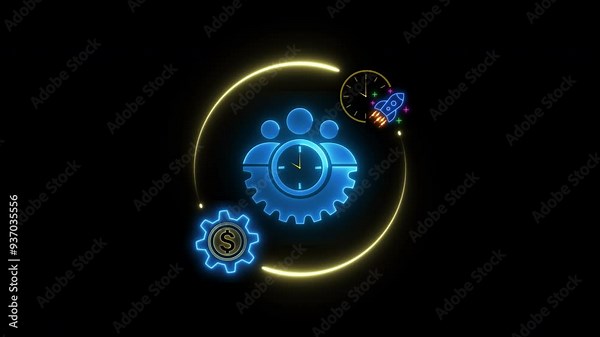 Business efficiency concept, how much a company or organization can produce as it relates to time, cost and quality. Glowing neon line of efficiency icon isolated on transparent background.