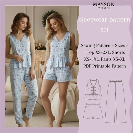 Sleepwear Pattern Set Pdf – Women’s Tie-front Sleeveless Blouse, Shorts and Lounge Pants | Sizes XS–3XL | A4 & A0 - Etsy