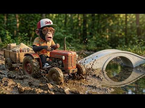 Monkey Nana Builds Mini Tractor Concrete Bridge from Muddy Area to Strong Bridge