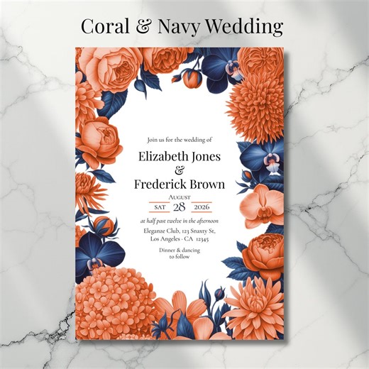 Coral & Navy Wedding DIY Canva Editable Invitation - Etsy