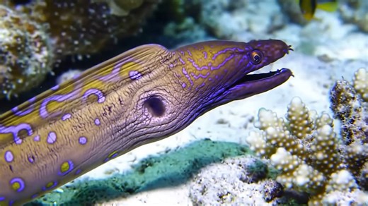 🔥 This is the RIBBON EEL — The Dragon of the Coral Reefs 🐾✨ Found in the Indo-Pacific’s coral reefs and lagoons, the ribbon eel is a slender, snake-like creature glowing in neon blue and yellow. Its open, flared mouth and ribbon-like body give it a fierce, dragon-like appearance as it waves through the water. It waits in sandy burrows with jaws agape, snatching passing fish and crustaceans with lightning speed. Interestingly, all ribbon eels start life as males and can later transform into fem