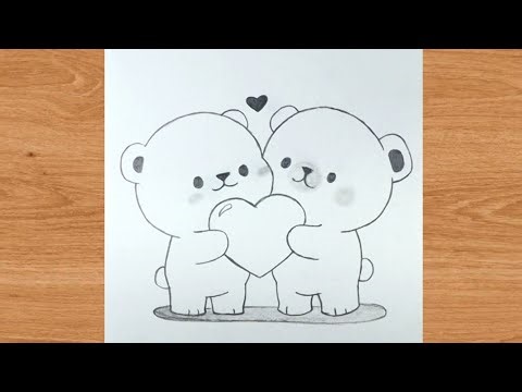 Two Teddy fighting with love outline pencil drawing | cute animals art