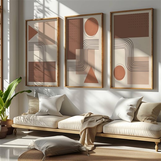 Terracotta Geometric Triptych, Warm Boho Wall Art Set of 3, Minimal Decor - Etsy