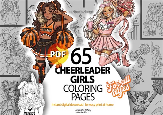 Cheerleader Girls coloring pages, printable coloring book, digital download, teens, adults, kids, sports activity book, cheerleading gifts