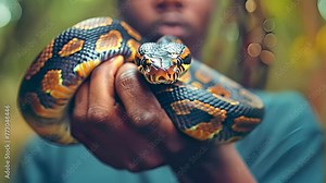 A man confidently holds a large snake in his hand, showcasing the reptiles size and features