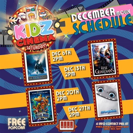 Kidz Cinema (all ages) Saturdays | 2:00 PM | Children & Youth Library, 200 West Aztec Ave Looking for the perfect weekend outing? Bring the whole family to Kidz Cinema! Enjoy a screening of a fun, family-friendly film. It’s a great way to relax and spend quality time together. Watch. Enjoy. 📞 For more information, call (505) 863-1291 #KidzCinema #PolarExpress #DogMan #Abominable #OFPL #GallupNM ● December 20th - Dog Man 2025 | PG | 1 hr. 29 mins. After a policeman and his police dog are fused t