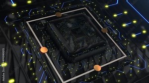Circuit Board with moving electrons animation. CPU processing Data.