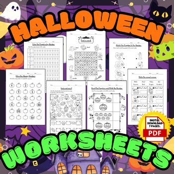 Halloween Activity Worksheets: Pumpkin Counting, Word Search (PDF 7 Pages)
