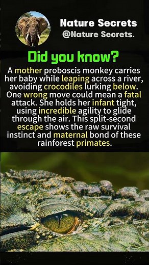 Proboscis monkey leaps river with baby to escape crocodile.#animalfacts #naturefacts #didyouknow