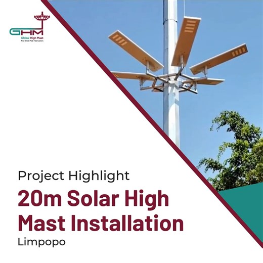 Global High Mast recently completed the manufacturing and installation of 20m solar high masts in a rural area of Limpopo. Delivered in 2025, the project followed a full turnkey scope, including foundations, in-house manufacturing, delivery, assembly, rigging, testing of lights, and final finishing. Challenging weather conditions on site required careful planning and hands-on execution throughout. The result is an off-grid lighting solution delivered to specification and built for long-term perf
