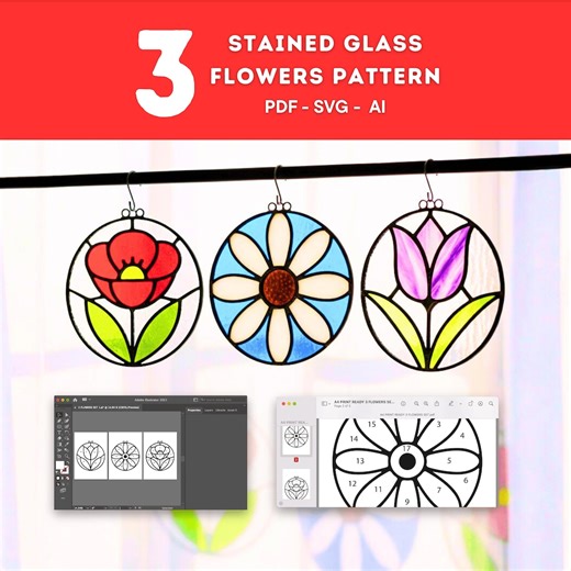 Beginner Stained Glass Flowers Pattern – Set of 3 Floral Suncatcher Templates (PDF SVG) - Etsy Australia