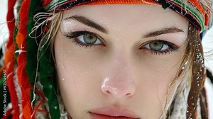 A captivating woman gazes into the distance, surrounded by snow, her colorful attire creating a stunning contrast against the white backdrop