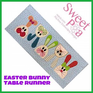 The Easter Bunny Table Runner- This is a fabulous selection of our customer's work. This is a Patchwork runner with all the blocks made in the 5x7 6x10 8x12 hoop. This is a machine embroidery design. There are 5 different blocks in this table runner and they are then joined with the sewing machine. The full pattern for the table runner is included. You could make anything you like for eg a bag, placemat quilt, sewing machine cover etc. https://swpea.com/products/easter-bunny-table-runner-5x7-6x1
