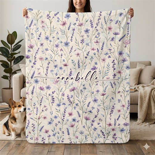 Personalized Floral Sherpa Fleece Blanket, Custom Name Wildflower Throw, Kids and Adult - Etsy