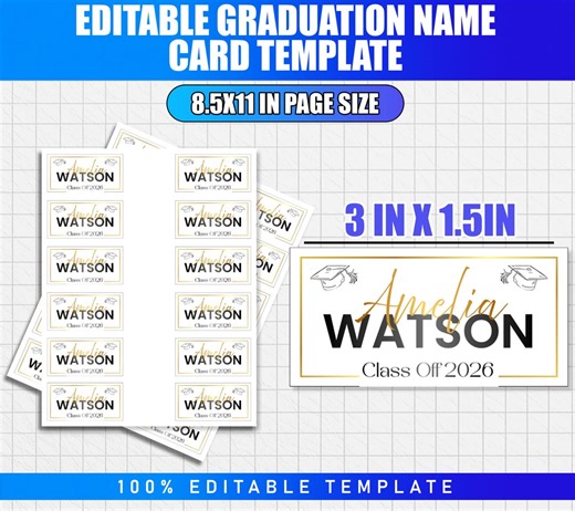 Editable Graduation Name Card Template | Printable Class of 2026 Graduation Name Cards | Custom Name Cards for Graduates Canva Editable - Etsy