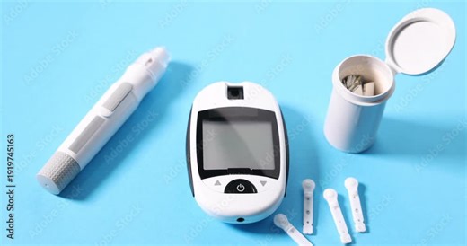Diabetes. Woman putting lancets near digital glucometer, pen and test strips on light blue table, closeup