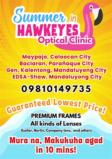 HAWKEYES OPTICAL CLINIC Visit us ! 09810149735 FOLLOW and LIKE our Fb page Guaranteed Lowest price! Makukuha mo agad PROGRESSIVE, SINGLE, DOUBLE VISION PHOTOCHROMIC ANTI-FATIGUE ( BLUE /GREEN COAT) ANTI-RAD Use Google MAP Type - Hawkeyes Optical Find us there! Kalentong, Mandaluyong Maypajo, Caloocan Baclaran EDSA-SHAW Blvd | HawkEyes Optical Lab