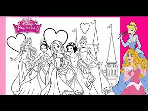 Disney PRINCESS Coloring Page All Together SNOW WHITE TIANA SLEEPING BEAUTY RAPUNZEL Disney Castle