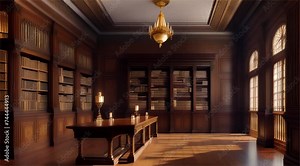 The library's interior features ancient architecture, elegant wooden tables, and stained glass windows, creating a mesmerizing atmosphere.