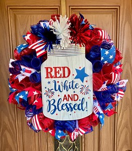 Patriotic Front Door Wreath, Metallic Deco Mesh, Red, White & Blessed, American Flag - Etsy