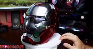 Javis Cool Mark 5 Helmet Silver Voice Control/Sensing/Remote Control Open/Close with Sounds & LED Eyes Light Up Super Hero 1:1 Model Cosplay Prop for Halloween Christmas and Birthday.