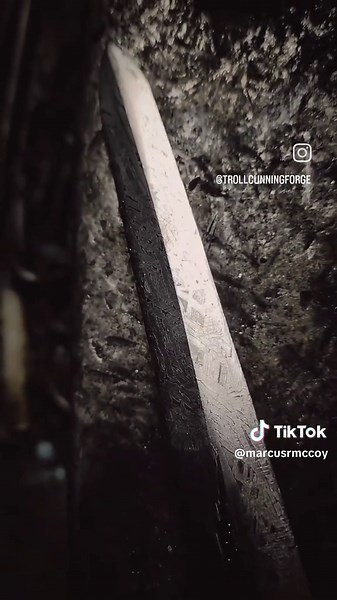 Meteorite dagger work in progress for @frateracher Hollow ground with a new radius platen I'm enjoying using. This is etched and now I am working on the human bone handle for it and the gaurd. This one has been a long time in the making. #occult #skyiron #Meteoritedagger #knifesmith #Trollcunningforge #witchtok #occulttok