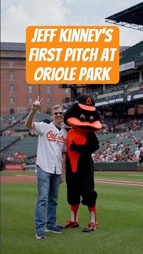 Jeff Kinney throws first pitch during Orioles game for Diary of a Wimpy Day at Oriole Park ⚾️